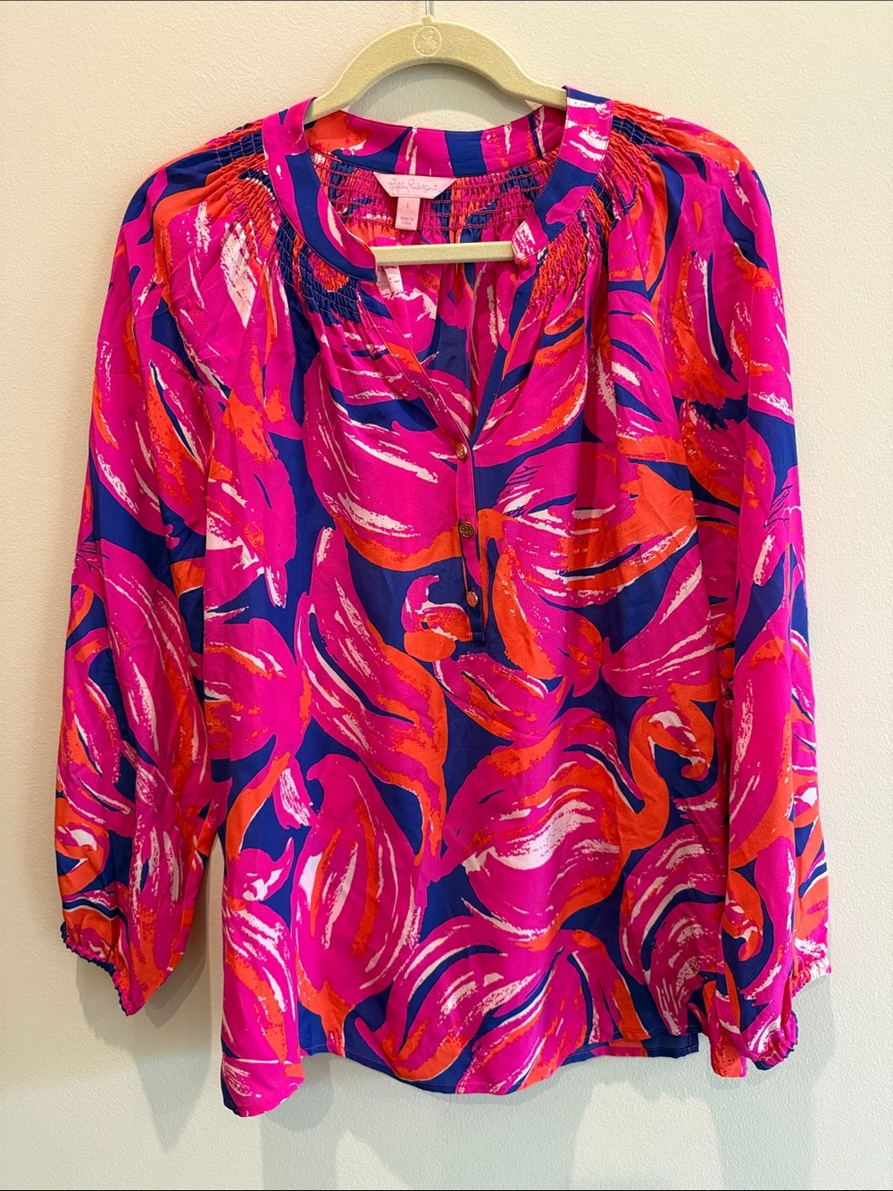 Lilly Pulitzer Silk Pink & Navy Printed Peasant Blouse